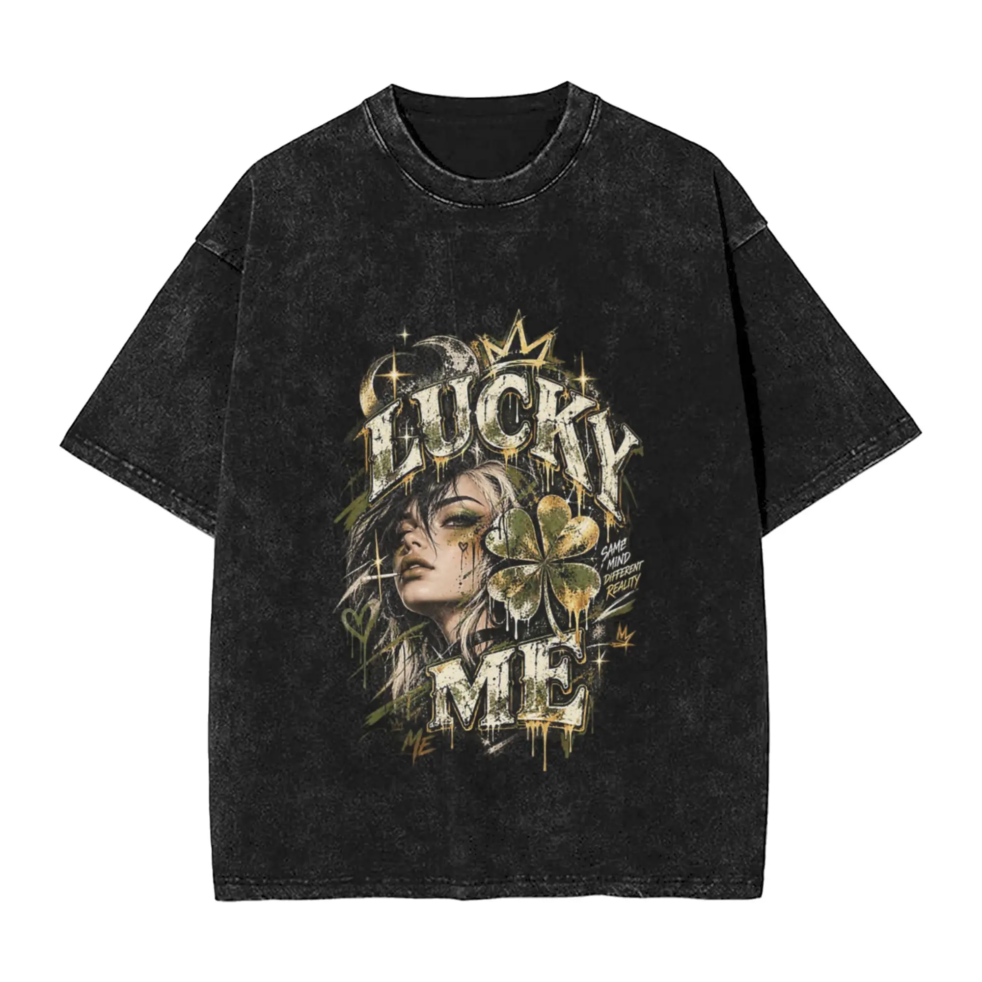 Lucky Me   Olive Gold Grunge Streetwear   PickMe Unique Chic A T-Shirt Oversized Short Sleeve Men's Women's Cotton Tees Tops
