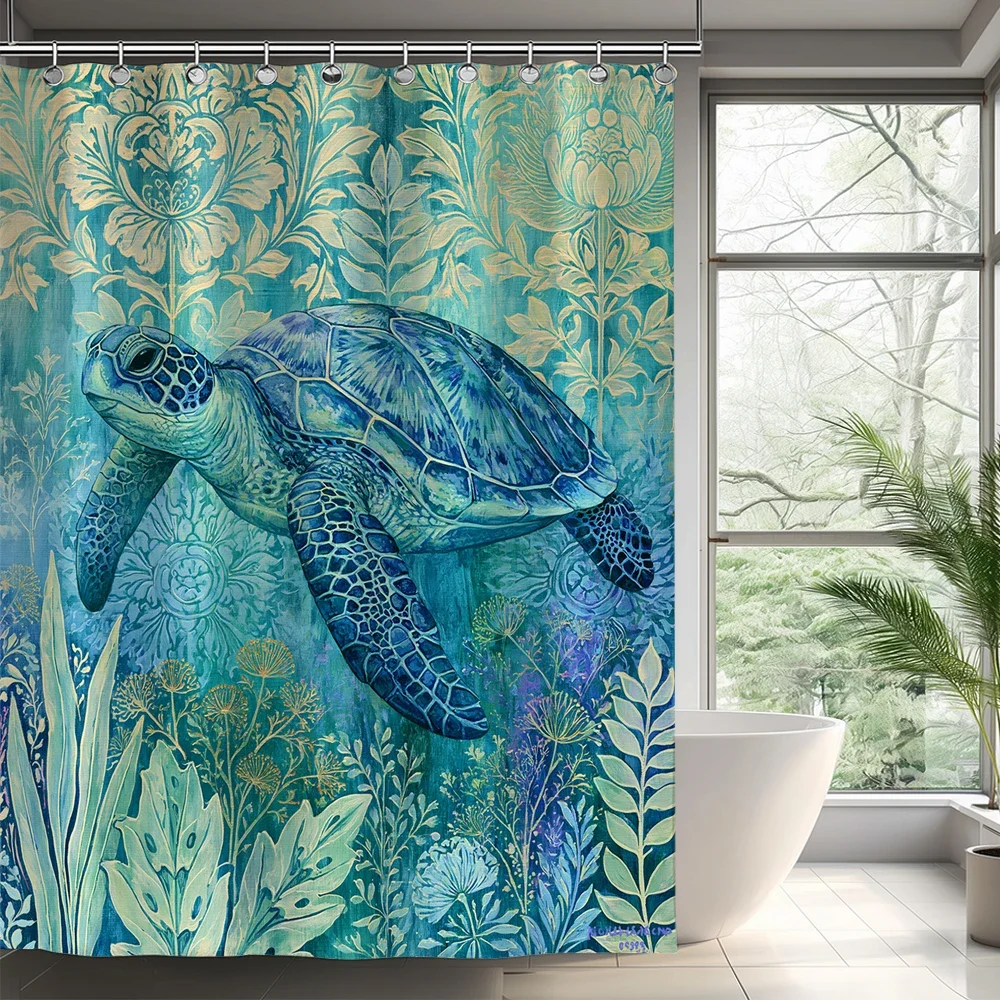 Blue Sea Ocean , Dolphin, Turtle, Fish Shower Curtains With Hooks,Underwater World Printed Bathroom Curtain, Home Decor Curtain