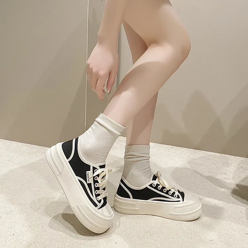 Thick soled women's shoes 2024 spring new cross tie temperament student fashion canvas shoes women's casual board shoes