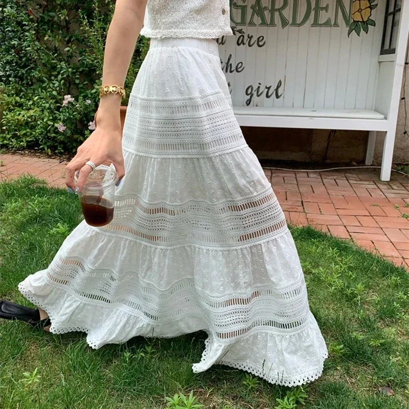 

Embroidery Eyelet Cut-out Maxi Skirt White Cotton Semi Sheer Flowy Long Skirt Women Boho Summer Vacation Fairycore Outfit