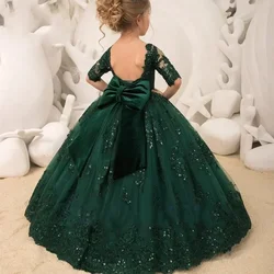 Abito da ragazza di fiori in pizzo verde scuro Tulle mezza manica con fiocco di paillettes neonata principessa matrimonio festa di compleanno vestito da prima comunione