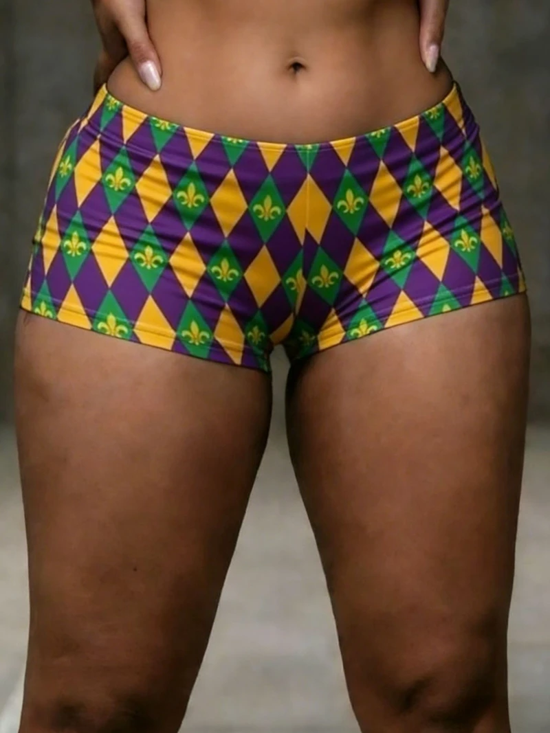 กางเกงขาสั้นสตรีสีตัดกันสไตล์มาร์ดิกราส์ 2026 สำหรับฤดูร้อน เอวต่ำ ยืดหยุ่น เซ็กซี่ เหมาะสำหรับงานปาร์ตี้ คลับ และใส่เดินเล่น