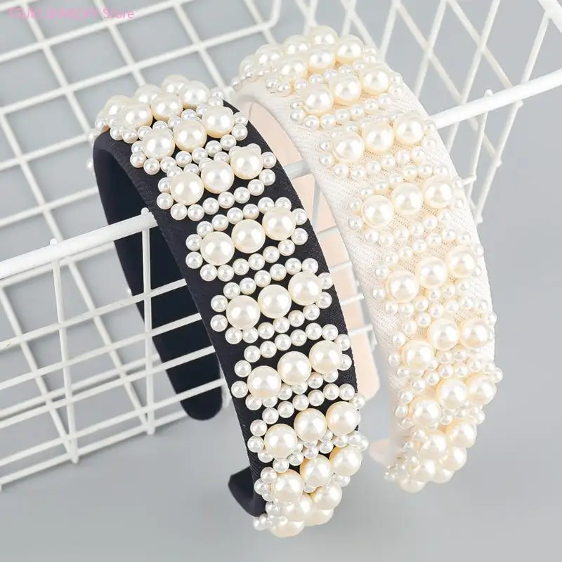 62KE Wedding Headband Wide Headband Pearl Hair Hoop BRIDAL Headband Pearl