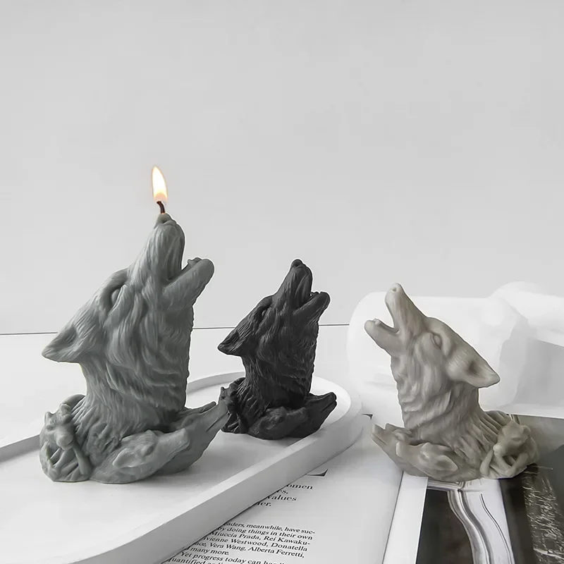 

DIY Animal Aromatherapy Candle Plaster Ornament Molds Handmade Soap Making3D Wolf Head Silicone Candle Mold