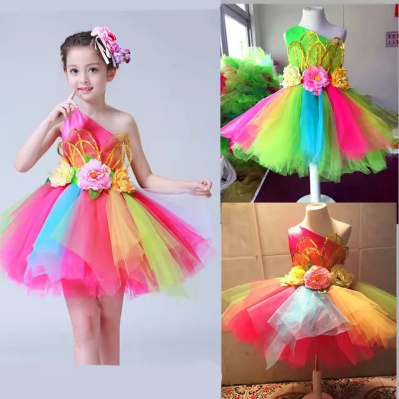 

Colorful Flowers Standart Salsa Dance Dress for Girls Sexy Modern Dance Costume for Girls Dance Wear Childrens Kids Competition