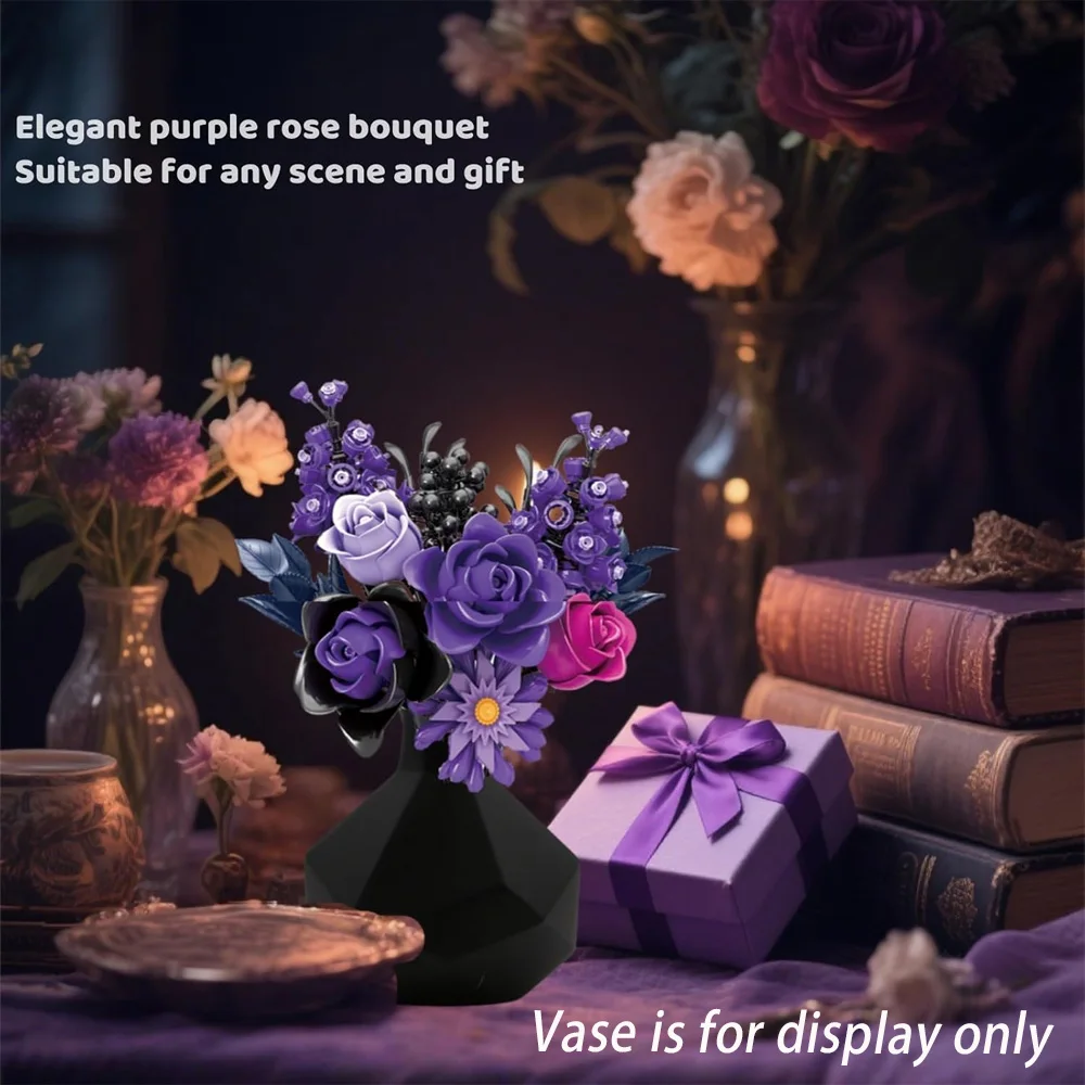 

Новый готический набор строительных блоков с фиолетовыми розами, игрушки-цветы для самостоятельной сборки, подарки на День святого Валентина, День матери, годовщину, готический декор (без вазы)