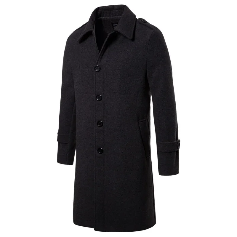 Men's Autumn and Winter New Single-breasted Woollen Cloth Coat, Korean Version of Leisure Loose Solid Color Long Trench Coat