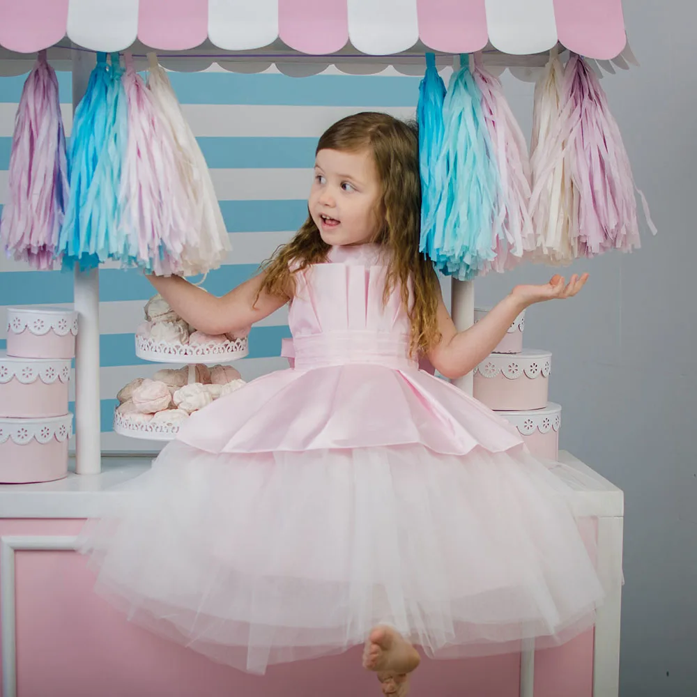 Abito da ragazza di fiori rosa e bianco per matrimonio gonfio con fiocco Primo abito da festa di compleanno eucaristico per bambini da principessa personalizzato