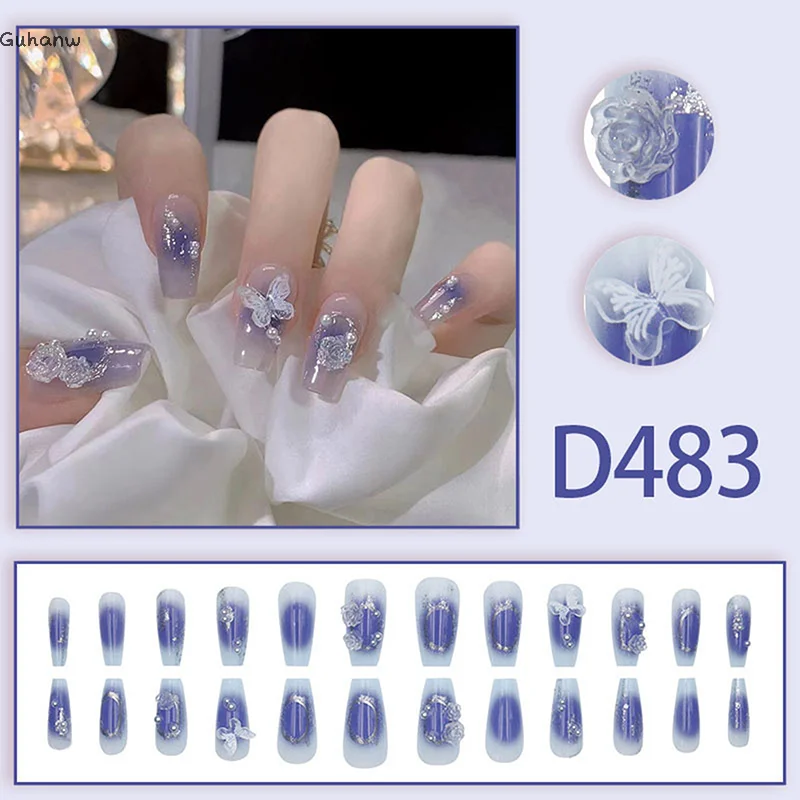 

24Pcs Press On Nails Long With Designs Pink Rhinestones False Fake Nails Press On Artificial Nails