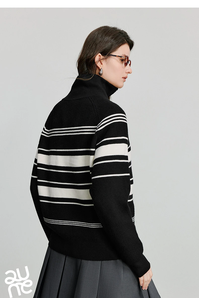 TOYOUTH Women Knitted Sweater 2026 Autumn New Fashionable Style Striped Zipper High Collar Woolen Pullover Sweater Tops