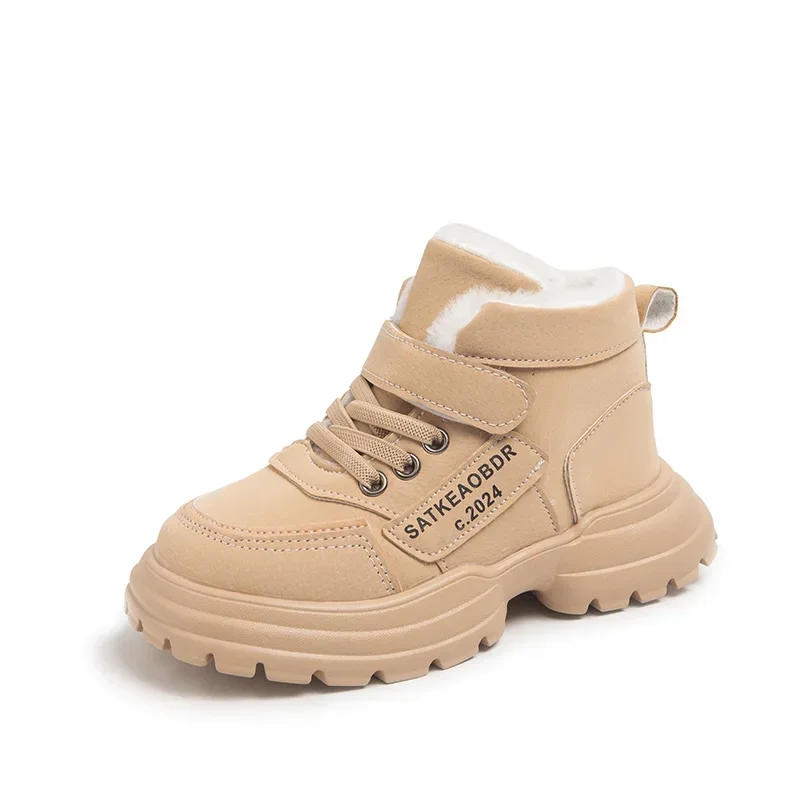 Boys Girls Short Boots with Fur Kids Sports Boots Warm for Winter 2024 New Fashion Sweet Students Ankle Boots Non-slip Soft Sole