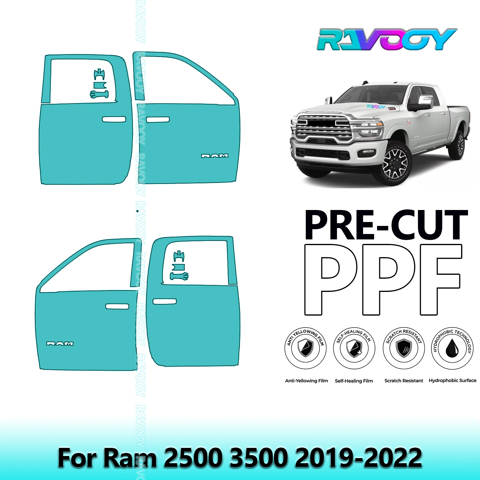 

For Ram 2500 3500 2019-2022 8.5mil Clear Matte Pre-Cut PPF Door & A/B Pillar Kit TPU Paint Protection Film Set