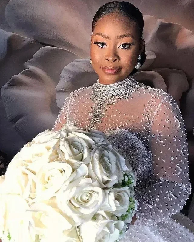 Customized Arabic Plus Size Wedding Dresses Bridal Gowns Beading Long Sleeve Crystal High Neck Sequined Vestidos De Novia