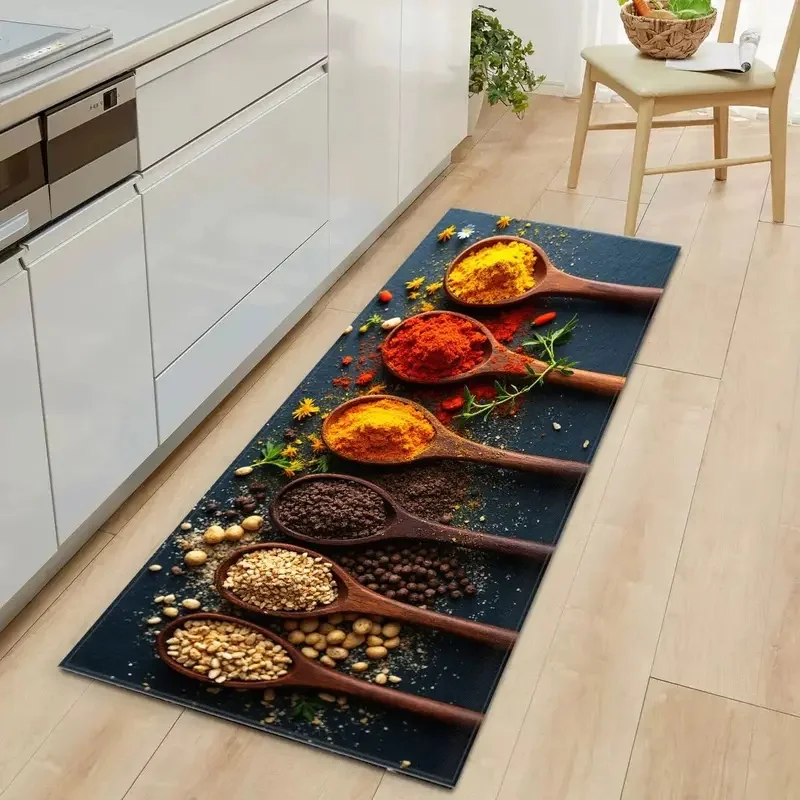VIKAMA Kitchen Runner Rug Spice Spoon Print Non‑slip Waterproof Long Floor Mat For Kitchen Hallway Home Decor