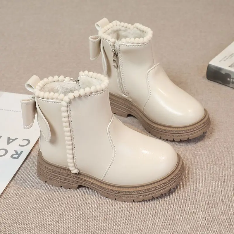 

2026 Autumn Winter New Girls Leather Short Boots with Bow Trendy Princess Style Warm Comfortable Kids Footwear