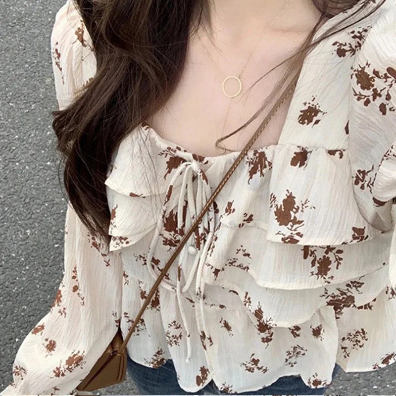 Spring Autumn Floral Printing Fashion Long Sleeve Blouse Women High Street Casual Lacing Ruffles All-match Elegant Pullovers