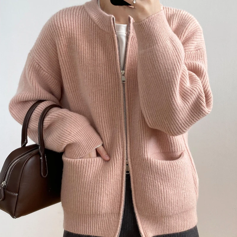 Sweater Cardigan Women Autumn Double Zipper Casual Korean Knitwear Coat Solid Color Loose Soft Long Sleeve Jackets Outerwear