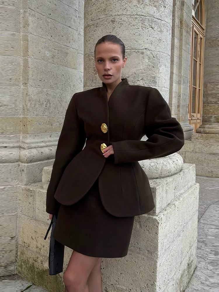 Elegantes Damen-Herbstmantel- und Rock-Set 2026: Tunika mit langen Ärmeln, einreihig, V-Ausschnitt, schicke Damenjacke und Miniröcke, 2-teiliges Set