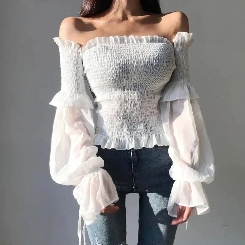 Summer Sexy Off Shoulder Blouse Women Spring Puff Sleeve Pleated Lace Up Casual Shirt Woman Slim Solid Corset Tops Ladies Blouse