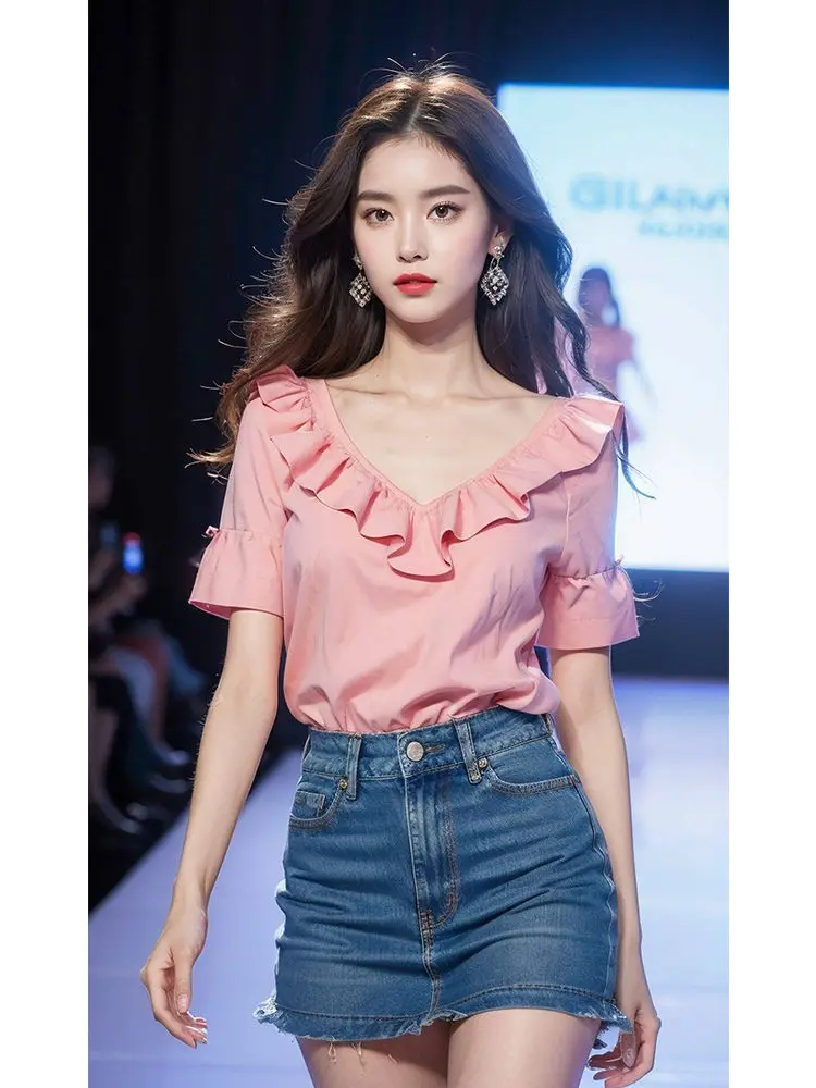 

Korea Summer New Unique Beautiful T-Shirt For Women Premium Pink V-Neck Short-Sleeved Top With Ruffle Edge