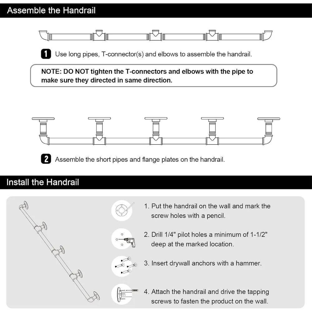 درابزين درج المزرعة على الطراز الصناعي بطول 14 قدمًا، درابزين أنبوبي بقطر 1-1/4 بوصة لدعم الدرج والجدار #6