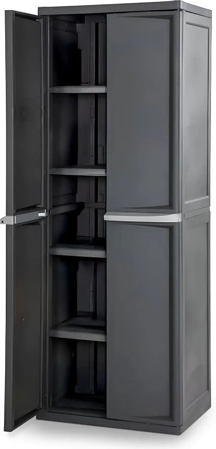 

4 Shelf Cabinet, Lockable Utility Storage w/ Adjustable Shelves, Gray - Plastic Shelving Unit for Organizing Garage, Pantry,