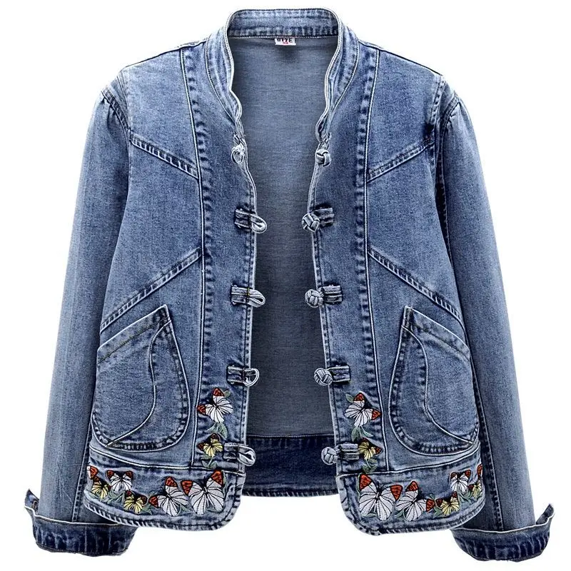 

Embroidered ort Denim Jaet Women's Faionable Button-Up Casual Outerwear Long Sve Stand Collar Regular Fit Spring