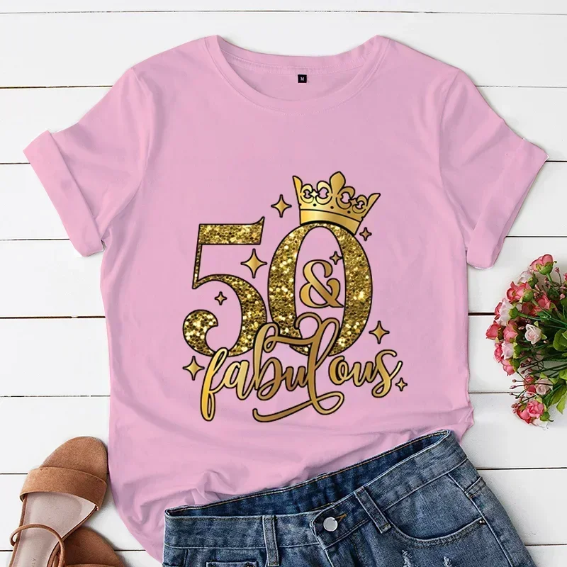 50 And Fabulous Women's T-Shirt 50th Birthday Funny Hip Hop Vintage Short Sleeve Tee Creative Tops for Ladies