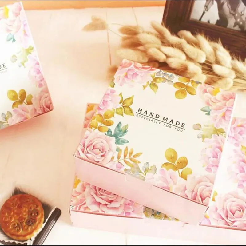 10PCS Gift Box Wedding Favor pink flowerPaper Cake Packaging Window Present Candy Bag Food Cupcake Cookie Pastry Cardboard