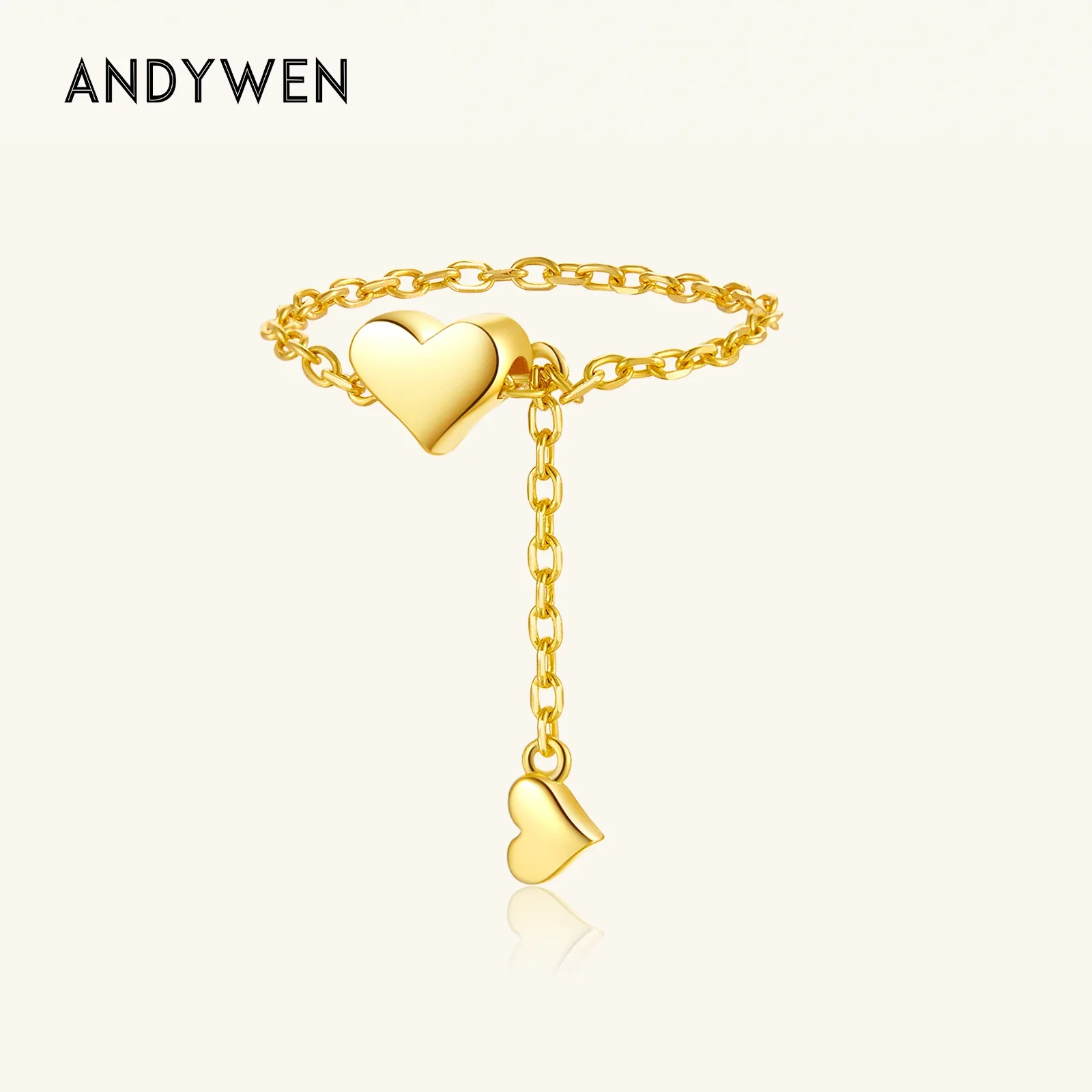 ANDYWEN 925 Sterling Silver Heart Love Chain Ring 2024 Smooth Valentiens Luxury Women Rock Punk Luxury Fine Jewelry Gift