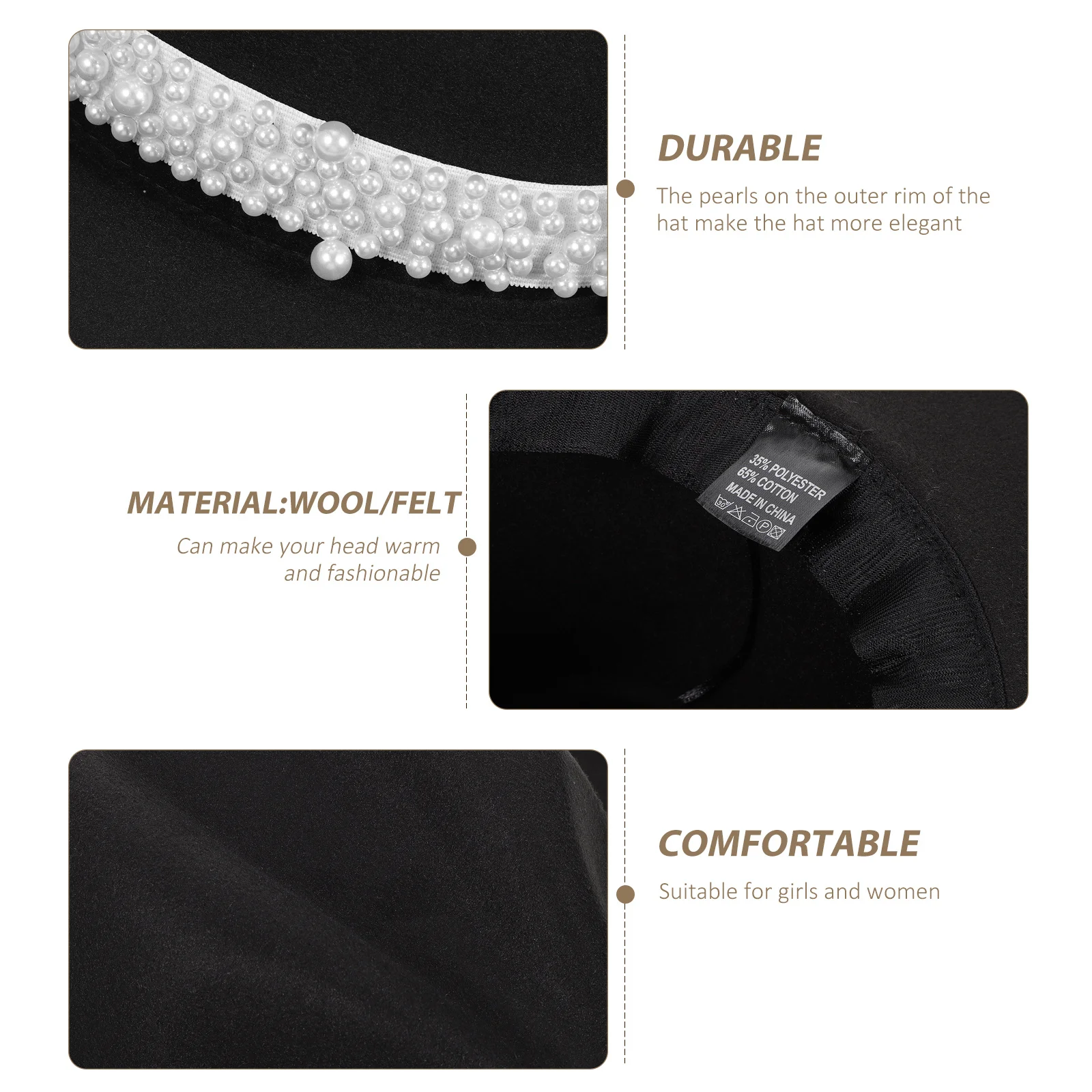 

Women Jazz Hat Pearl Decor Detachable Wool Felt Fedora Vintage Elegant Hats Party Outdoor Christmas Top Hat Hats for Women