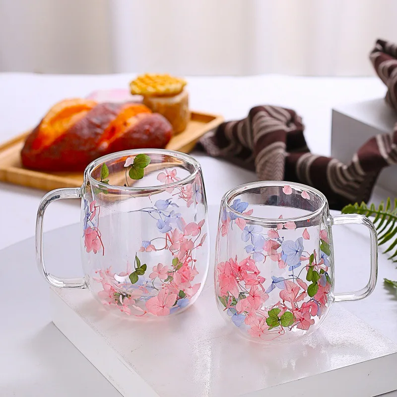 

250/350ml Creative Dried Flower Cup Heat-resistant Petal Sand Flow Cup High Borosilicate Double-layer Glass Coffee Mug