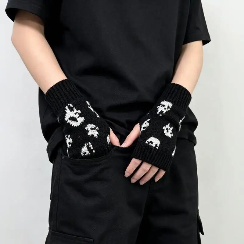 Neue Halloween-Totenkopf-Strickhandschuhe für Halbfinger-Fingerlose Handschuhe, Warme Winter-Wollhandschuhe für Draußen – Detail 8