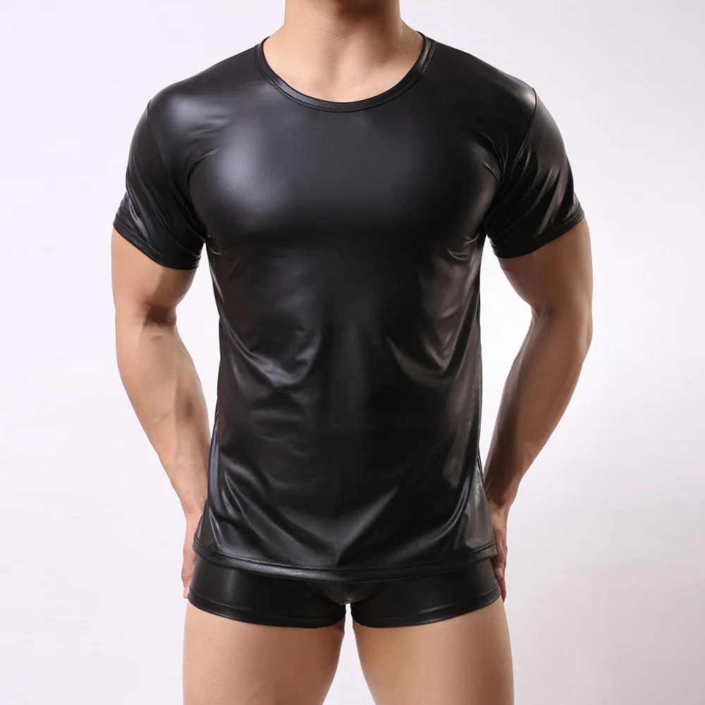 2023 New Sexy Black Men Faux Latex Leather Stage Performance Round Neck Short Sleeve T-Shirt Tops Costumes Undershirts Muscular