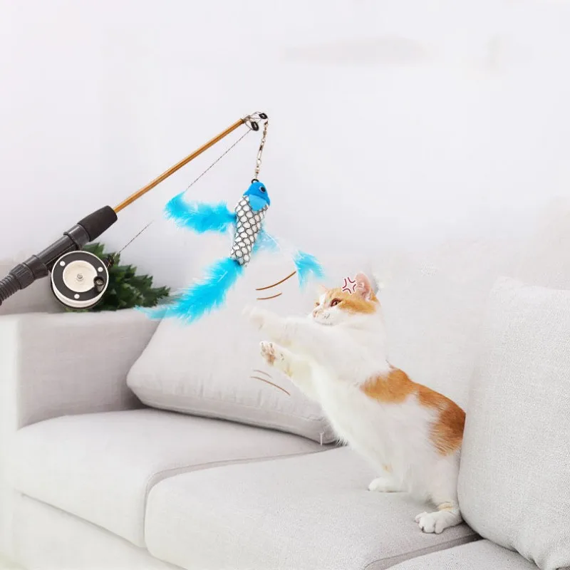 Retractable Cat Toy Fish Type Telescopic Feathers Funny Cat Stick Pet Toy Cat Rods Simulation Fishing Rod