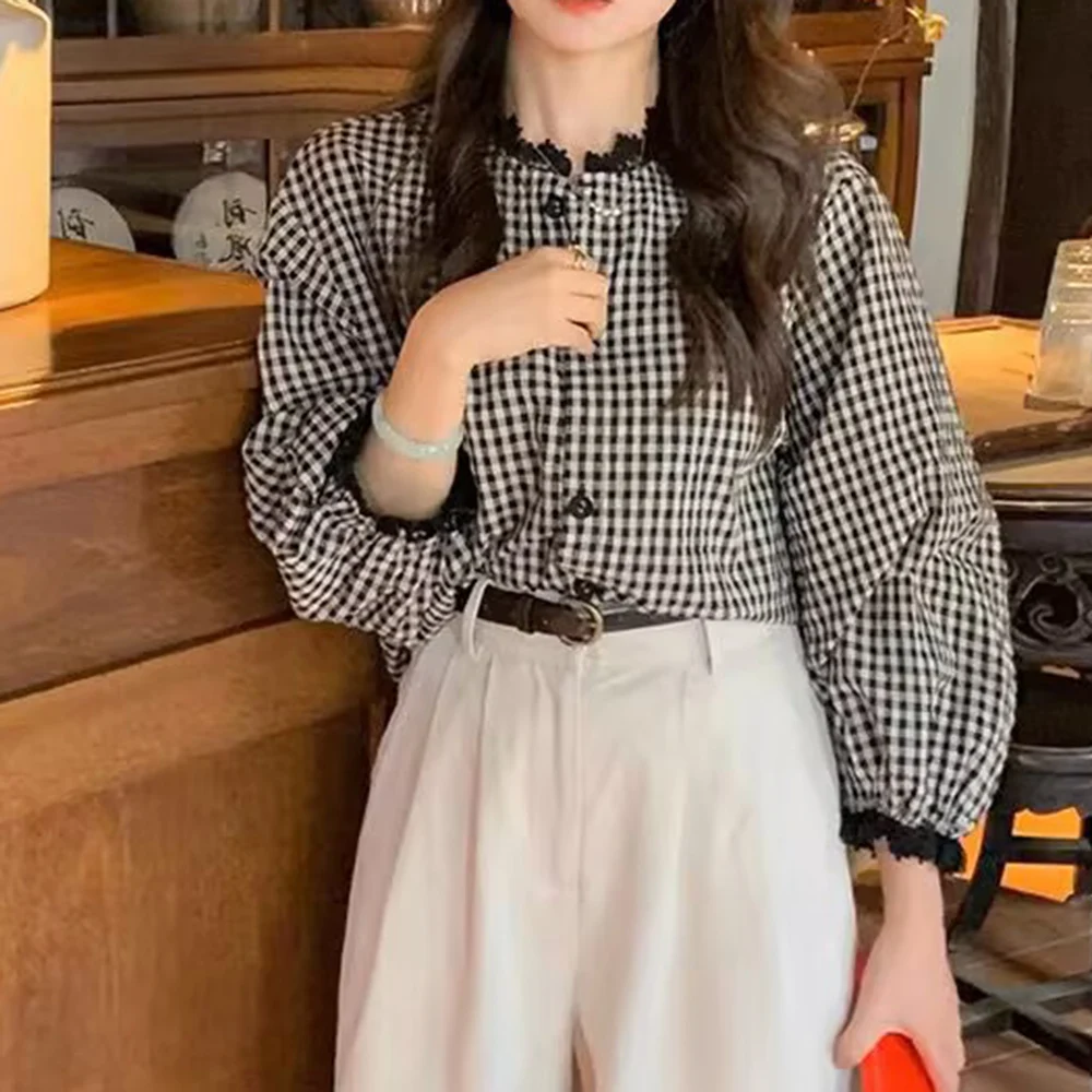 

Women Fashion Lattice Shirt Vintage Round Neck Printed Top with Moderate Stretch for Use in Spring Summer Autumn Winter