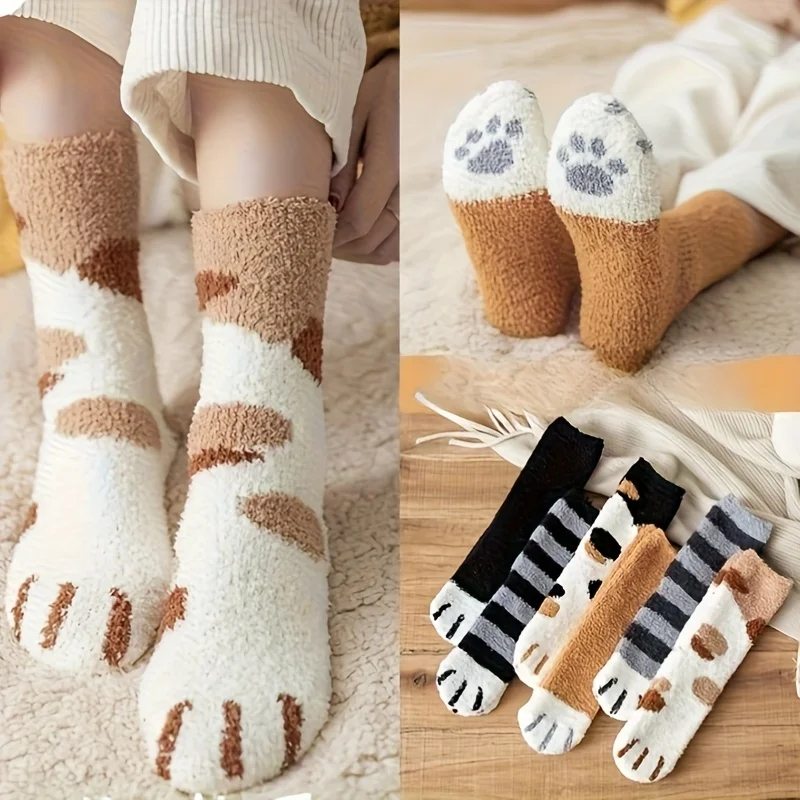 Ladies Coral Fleece Mid-Calf Socks Thickened Flocking Cute Cartoon Cat Long Socks Warm And Cozy Footwear