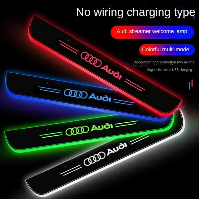 AUDI 4Pcs Wiring Free LED Car Door Sill Lights Car Pedal Pathway Light USB Wireless Car Door Welcome Light For A3 A4 A5 A7 Q5 Q7