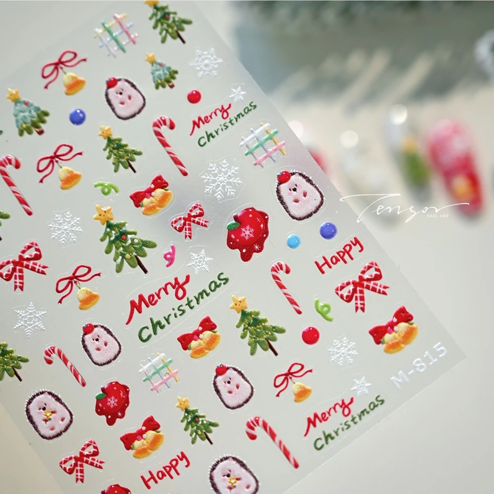 Dessin animé mignon hérisson pomme nœud papillon neige canne à sucre arbre de noël cloche 3D gelée Nail Art autocollants noël belles décalcomanies de manucure