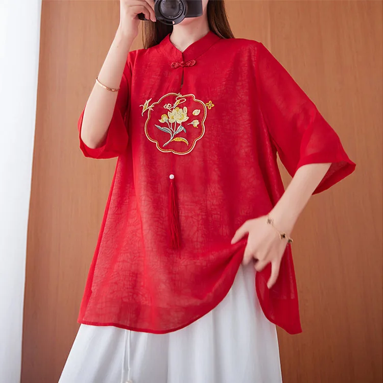 

Retro Improved Hanfu Summer 2024 Women's Embroidered Stand Collar Tang Suit Tea Ceremony Top Cotton Traditional Chi...