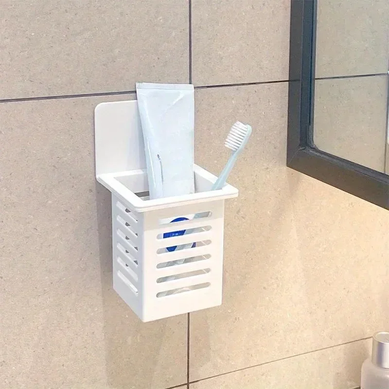 Wall Mounted Toothpaste Holder with Drain Rack Self-Adhesive Toothbrush Storage Organizer for Bathroom Daily Necessities