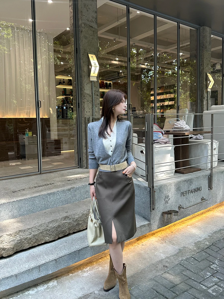 

Ele Knitted Open Cardigan awl Fake Two-Piece Top Women's Premium Feel Autumn New Arrival Commute Sle Long Sve V-Ne