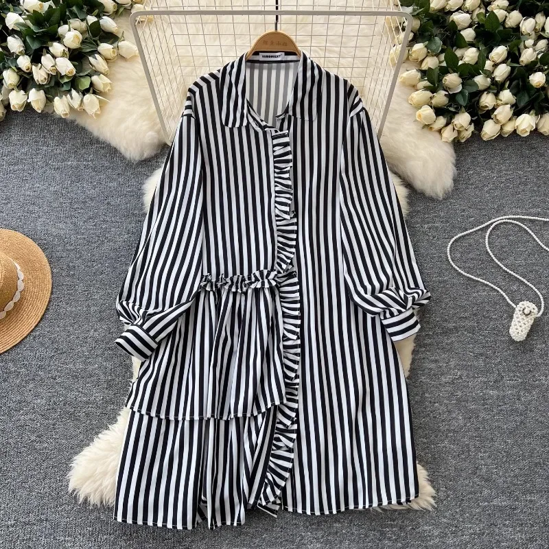 Neploe Niche Pleated Ruffle Edge Striped Dress Femme 2024 Autumn Korean Western-Style Age Reducing Casual Loose Shirt -Vestidos