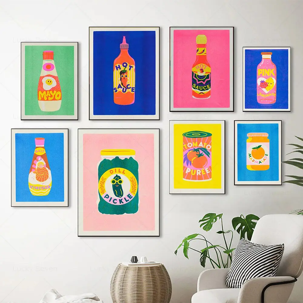 Pintura en Lienzo de Arte Mural con Diseño de Salsa Picante Japonesa, Tomate Enlatado y Pepinillos, Póster Nórdico e Impresiones para Decoración de Cocina y Hogar