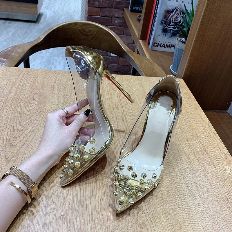 

New Riveted High Heels with Thin Heels, Same Transparent Adhesive Sexy Pointed Women's Shoes as European and American Stars