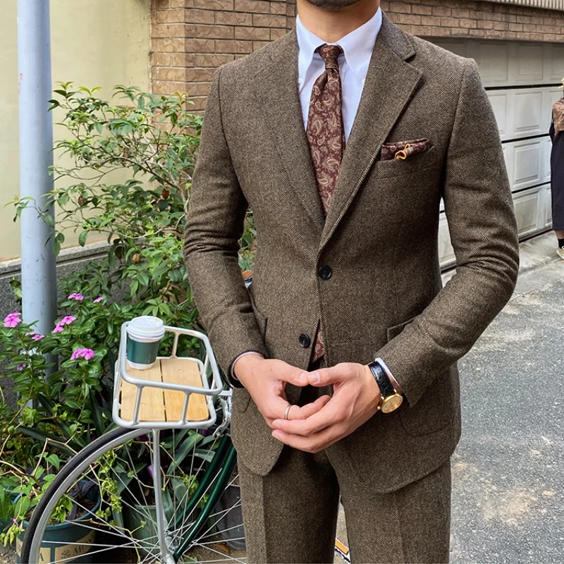2025 New Retro Herringbone Men's Single-breasted 2-piece Suit Thick style for autumn and winter Formal Elegant Banquet Suit Hot
