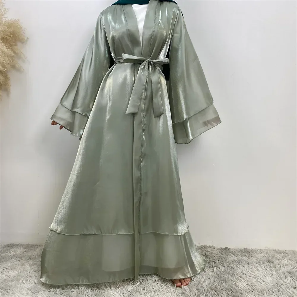 Femme Musulmane Shiny Satin Kimono Cardigan Open Abayas for Women Muslim Dress Dubai Abaya Kebaya Ramadan Jalabiya Eid Robe Gown
