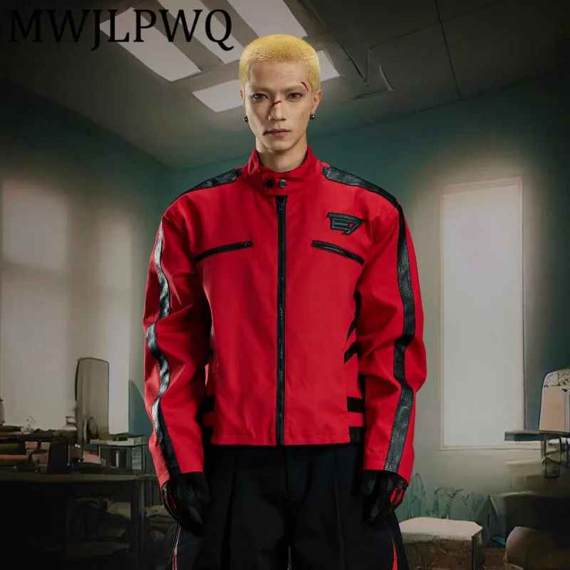 

MWJLPWQ Men's Stand Collar High-End Motorcycle Leather Jacket Patchwork Design Color Block Zipper Long Sleeve Unisex Coat 12219