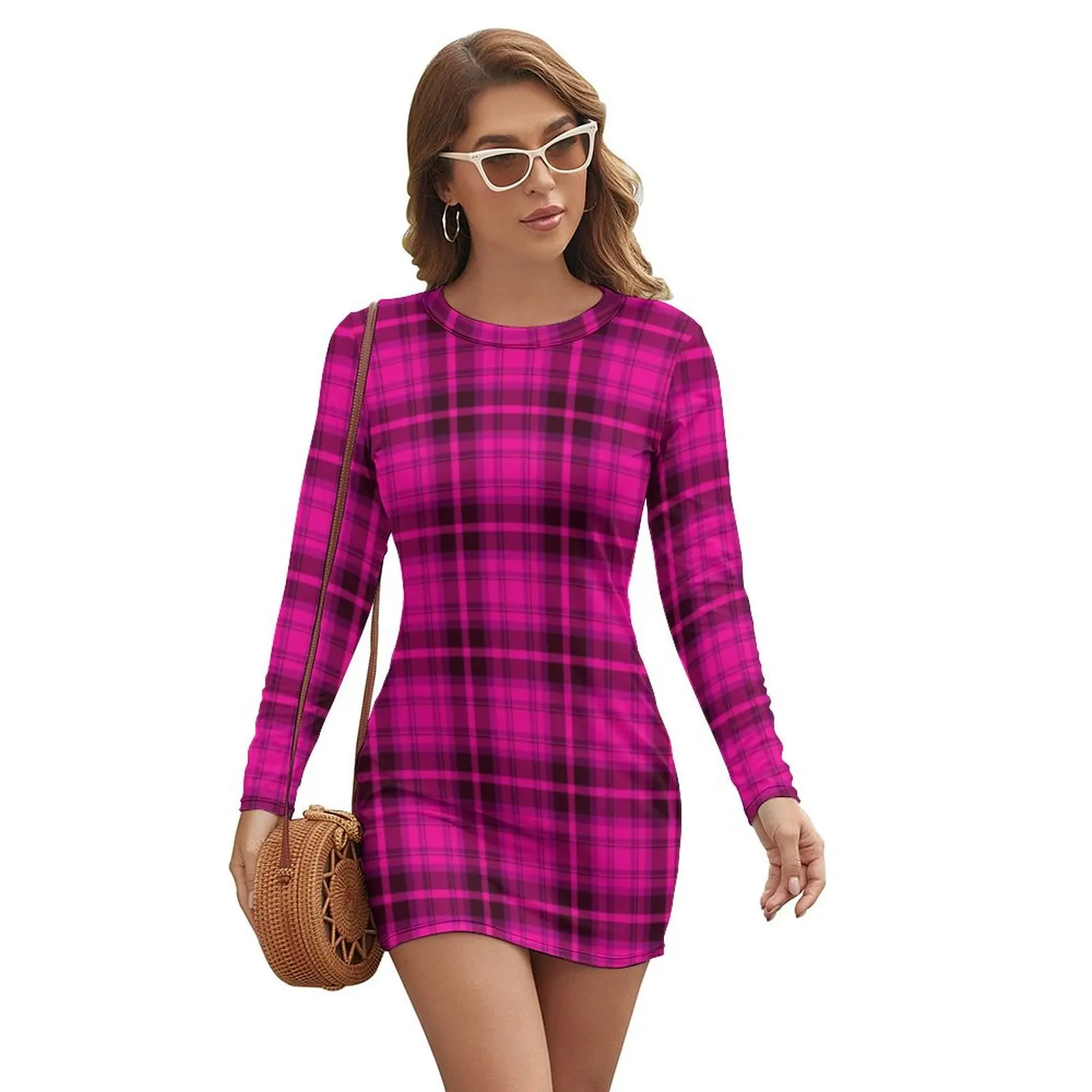 

Shocking Pink Tartan Plaid Pattern Long-sleeved Dress dress for women 2024 women's fashion dresses