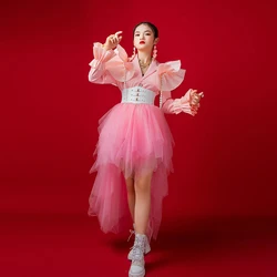 New Ballroom Hip Hop Dance Costumes For Kids Pink Mesh Trailing Skirt Girls Jazz Dancing Clothes Performance Stage Wear DQL8835